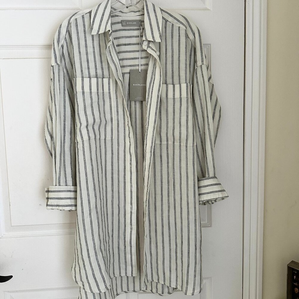 NWT Everlane Way Long Linen Shirt, Oversized Tunic Length Size XS, Canvas/Black